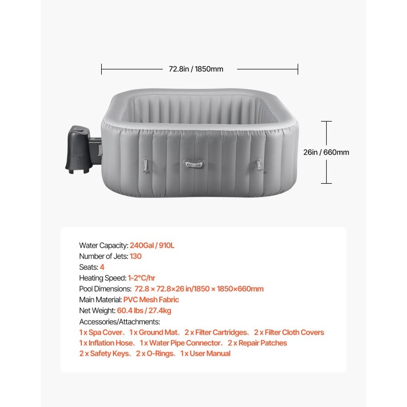 Puhallettava ulkoporeallas PVC-verkkokangas 4–6 henkilölle 1850×660 mm 130 hierontasuihkua