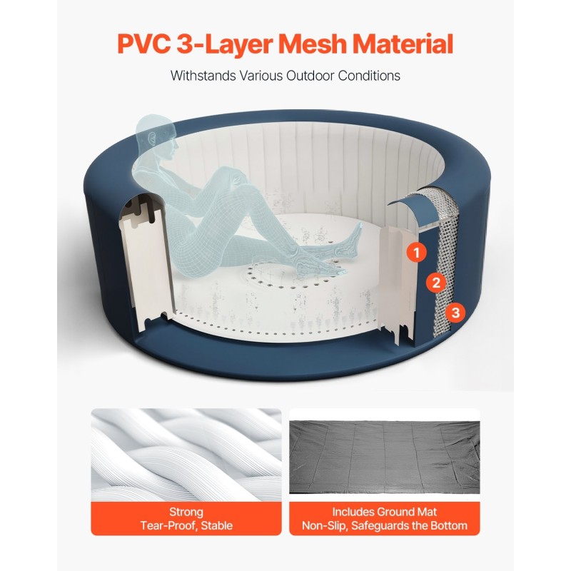 Täytettävä ulkoporeallas PVC-verkkokangas halkaisija 1800 mm 2–4 henkilölle harmaa 110 hierovaa suutinta