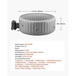 Täytettävä ulkoporeallas PVC-verkkokangas halkaisija 1800 mm 2–4 henkilölle harmaa 110 hierovaa suutinta