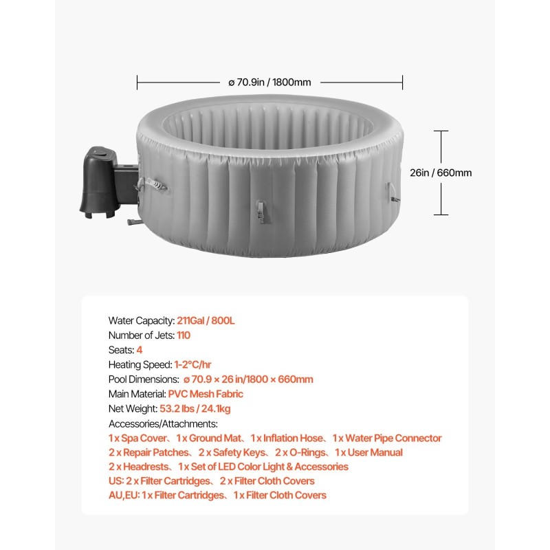 Täytettävä ulkoporeallas PVC-verkkokangas halkaisija 1800 mm 2–4 henkilölle harmaa 110 hierovaa suutinta