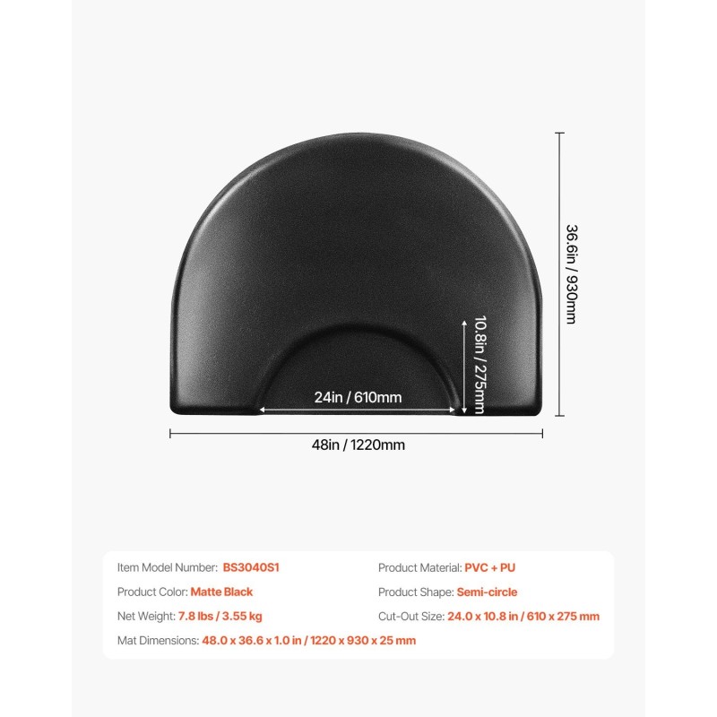 Kampaamotuolimatto puoliympyrän muotoinen PVC-pinnalla 1220 x 930 mm 25 mm PU-vaahto