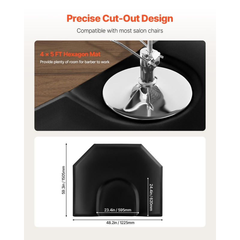 Kampaamomatto kuusikulmainen PVC-pintainen 1225×1505 mm 25 mm PU-vaahto mattamusta