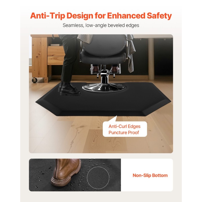 Kampaamomatto kuusikulmainen PVC-pintainen 1225×1505 mm 25 mm PU-vaahto mattamusta