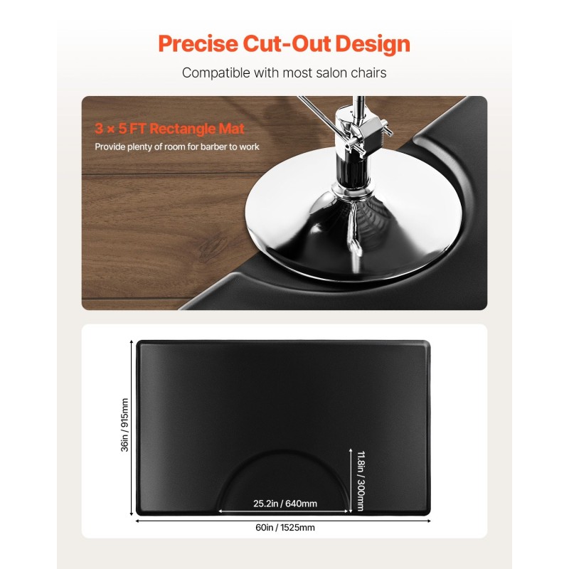 Seisomismatto PVC PU 23 mm paksu 1525x915 mm aukolla 640x300 mm kampaamotuolille