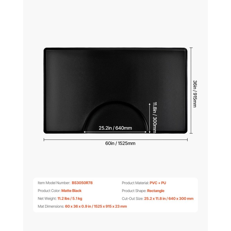 Seisomismatto PVC PU 23 mm paksu 1525x915 mm aukolla 640x300 mm kampaamotuolille