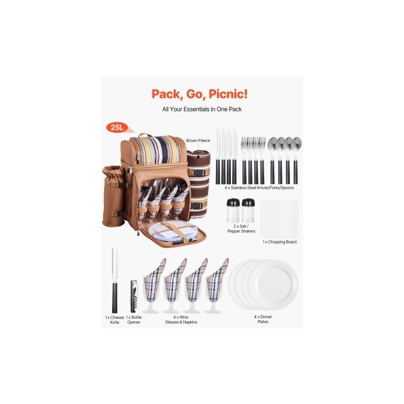 Piknikreppu 25 litran lämpöeristetty osasto kestävä kangas ruskea astiat aterimet viltti