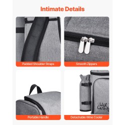 Piknikreppu eristetty kylmäosasto 25 l harmaa 600D kangas varusteet 4 hengelle