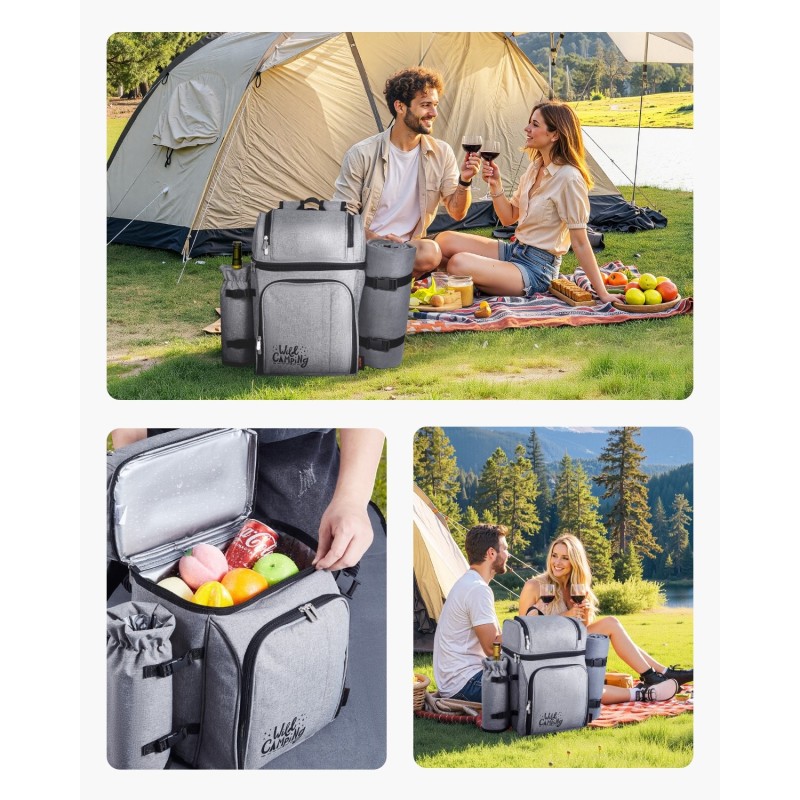 Piknikreppu eristetty kylmäosasto 25 l harmaa 600D kangas varusteet 4 hengelle