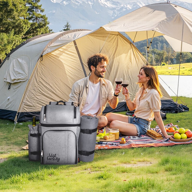 Piknikreppu eristetty kylmäosasto 25 l harmaa 600D kangas varusteet 4 hengelle