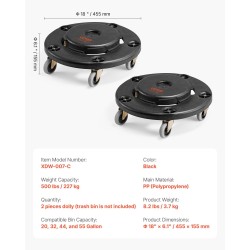 Jäteastiarulla PP-muovirunko yhteensopiva 20–55 gallonin astioille 227 kg kantavuus 2 kpl musta