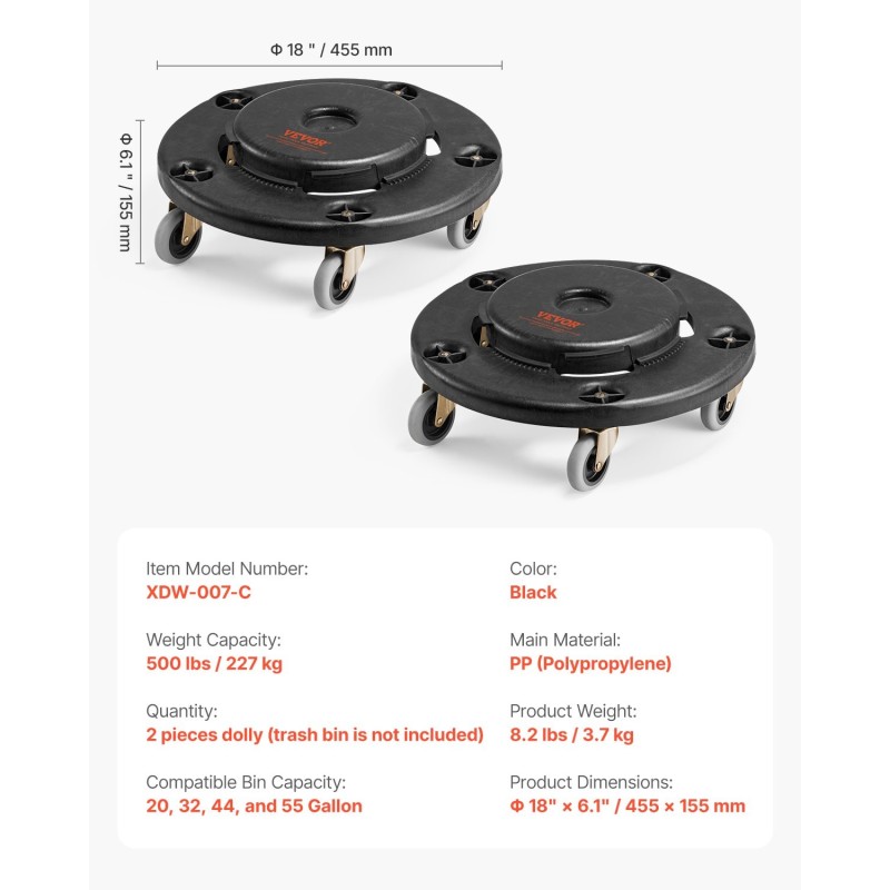 Jäteastiarulla PP-muovirunko yhteensopiva 20–55 gallonin astioille 227 kg kantavuus 2 kpl musta