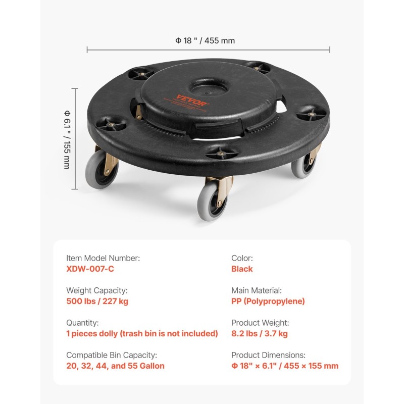 Roska-astian kuljetusalusta polypropeeni raskaaseen käyttöön 20–55 gallonaa 5 kääntyvää pyörää