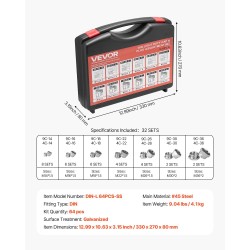 Hydrauliikkatulppasarja 64-osainen sinkitty 45-teräksestä DIN-liittimillä koot 14–36 putkille