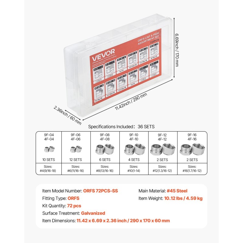 Hydraulitulppasarja 72 osaa ORFS-hydrauliliitoksiin sinkitty 45-teräs O-rengastiivistein lokeroitu laatikko