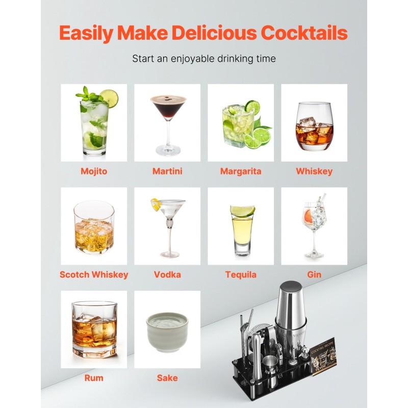 14-osainen baarisetti 304-ruostumattomasta teräksestä ja puusta akryylitelineellä kotibaarille