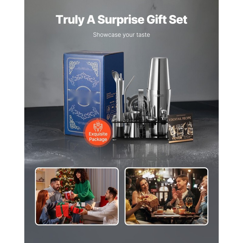 14-osainen baarisetti 304-ruostumattomasta teräksestä ja puusta akryylitelineellä kotibaarille