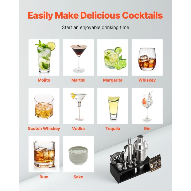 Cocktailravistinsarja 13-osainen 304-ruostumattomasta teräksestä bambutelineellä kotibaarille
