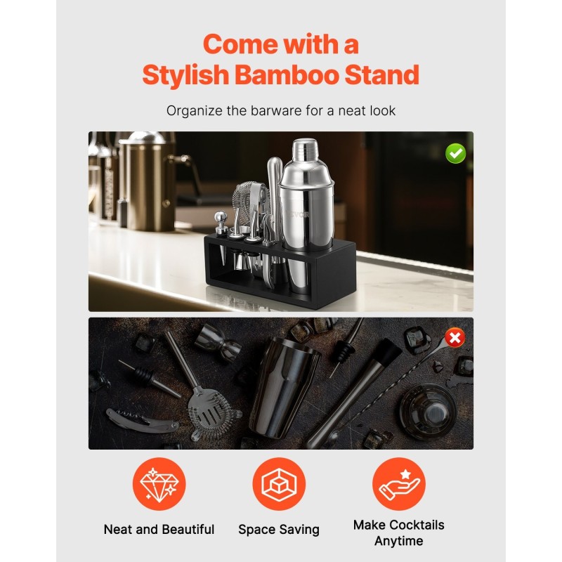 Cocktailravistinsarja 13-osainen 304-ruostumattomasta teräksestä bambutelineellä kotibaarille