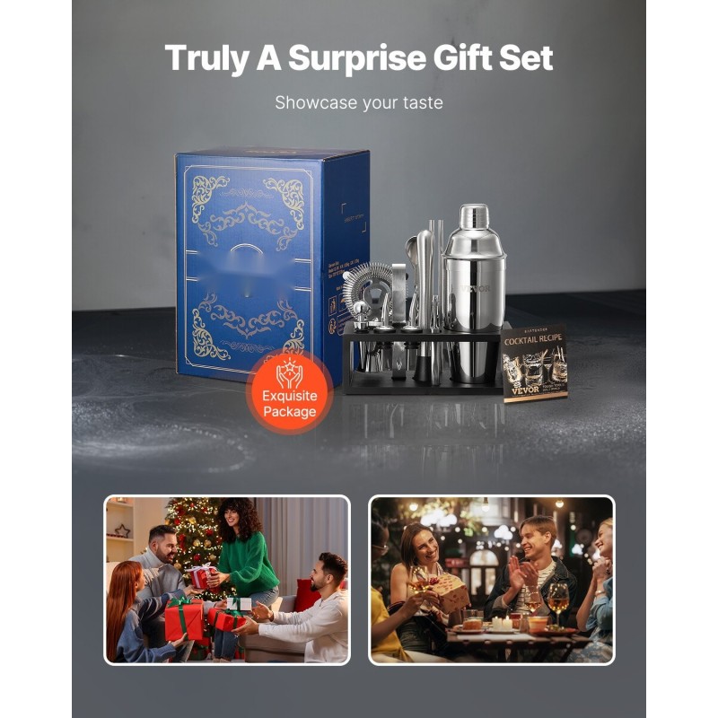 Cocktailravistinsarja 13-osainen 304-ruostumattomasta teräksestä bambutelineellä kotibaarille