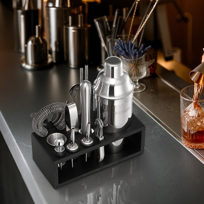 Cocktailravistinsarja 13-osainen 304-ruostumattomasta teräksestä bambutelineellä kotibaarille