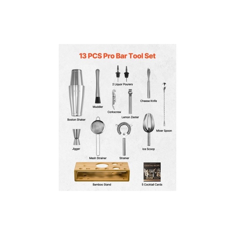 13-osainen cocktail-setti 304-ruostumattomasta teräksestä bambutelineellä kotibaarille ja juhliin