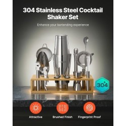 13-osainen cocktail-setti 304-ruostumattomasta teräksestä bambutelineellä kotibaarille ja juhliin