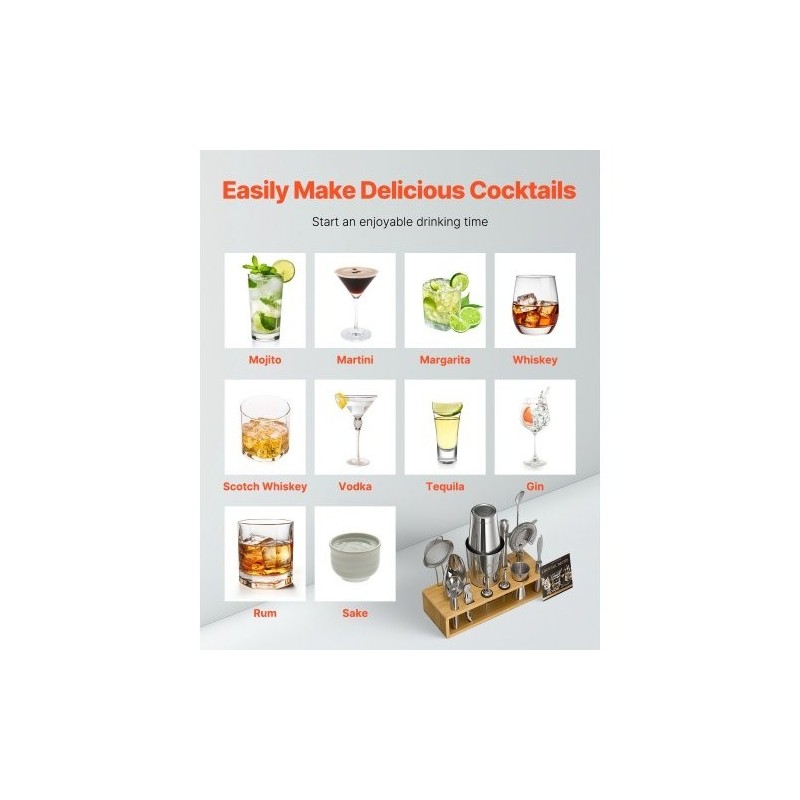 13-osainen cocktail-setti 304-ruostumattomasta teräksestä bambutelineellä kotibaarille ja juhliin