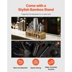 13-osainen cocktail-setti 304-ruostumattomasta teräksestä bambutelineellä kotibaarille ja juhliin