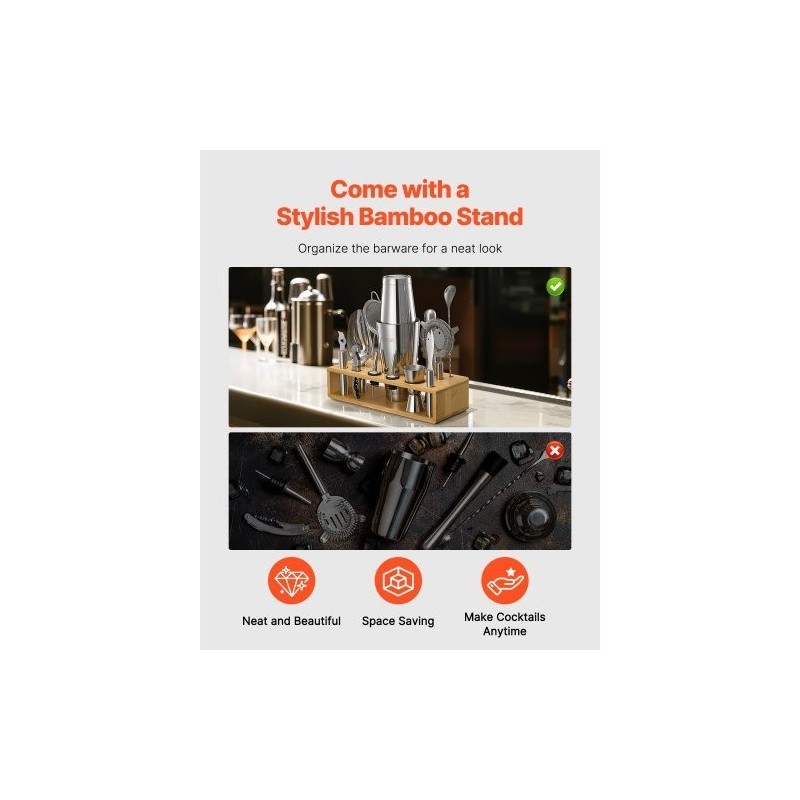 13-osainen cocktail-setti 304-ruostumattomasta teräksestä bambutelineellä kotibaarille ja juhliin