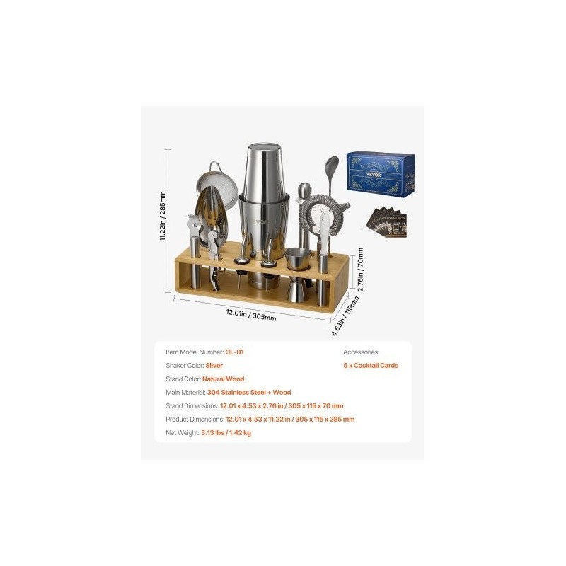 13-osainen cocktail-setti 304-ruostumattomasta teräksestä bambutelineellä kotibaarille ja juhliin