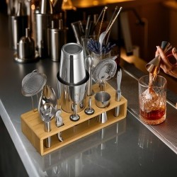 13-osainen cocktail-setti 304-ruostumattomasta teräksestä bambutelineellä kotibaarille ja juhliin