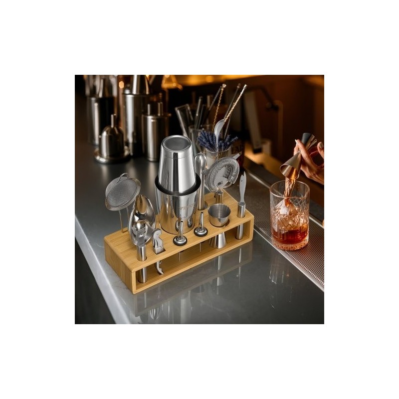 13-osainen cocktail-setti 304-ruostumattomasta teräksestä bambutelineellä kotibaarille ja juhliin