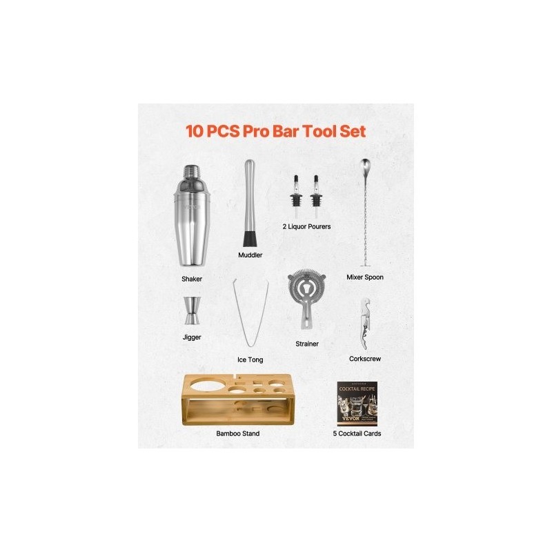 10-osainen cocktailsetti ruostumatonta terästä bambutelineellä kotibaarille
