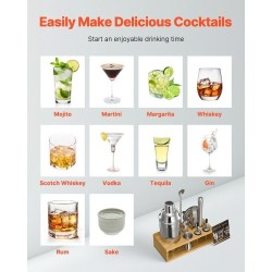 10-osainen cocktailsetti ruostumatonta terästä bambutelineellä kotibaarille