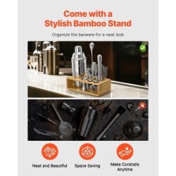 10-osainen cocktailsetti ruostumatonta terästä bambutelineellä kotibaarille