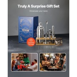 10-osainen cocktailsetti ruostumatonta terästä bambutelineellä kotibaarille