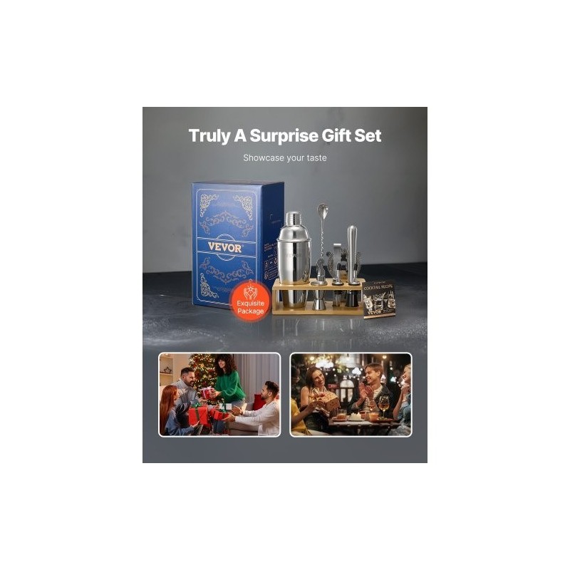 10-osainen cocktailsetti ruostumatonta terästä bambutelineellä kotibaarille