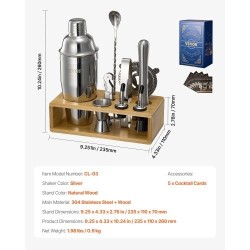 10-osainen cocktailsetti ruostumatonta terästä bambutelineellä kotibaarille