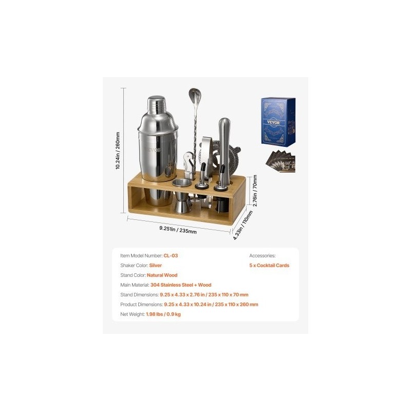 10-osainen cocktailsetti ruostumatonta terästä bambutelineellä kotibaarille