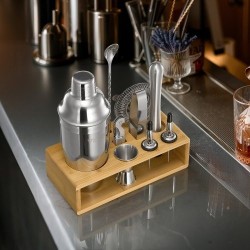 10-osainen cocktailsetti ruostumatonta terästä bambutelineellä kotibaarille