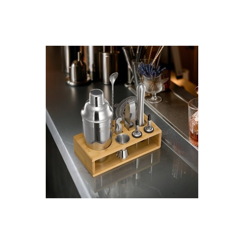 10-osainen cocktailsetti ruostumatonta terästä bambutelineellä kotibaarille