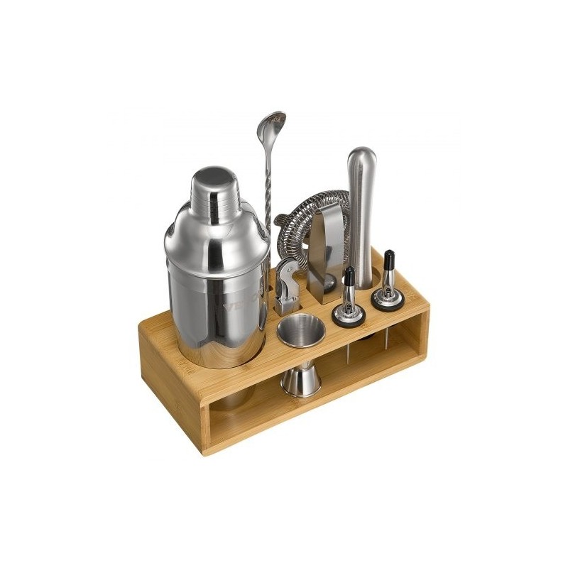 10-osainen cocktailsetti ruostumatonta terästä bambutelineellä kotibaarille