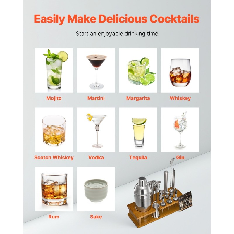 Cocktail-työkalusetti 18-osainen 304-ruostumattomasta teräksestä bambutelineellä kotiin
