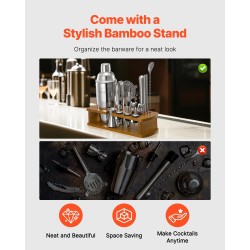 Cocktail-työkalusetti 18-osainen 304-ruostumattomasta teräksestä bambutelineellä kotiin