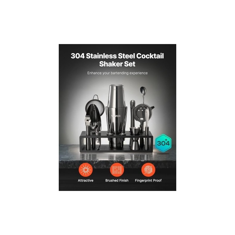 13-osainen cocktailsetti 304-ruostumattomasta teräksestä bambutelineellä kotibaarille