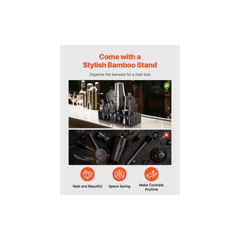 13-osainen cocktailsetti 304-ruostumattomasta teräksestä bambutelineellä kotibaarille