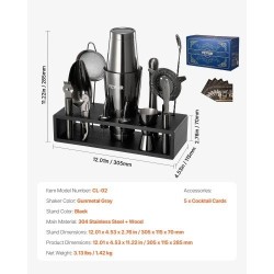 13-osainen cocktailsetti 304-ruostumattomasta teräksestä bambutelineellä kotibaarille