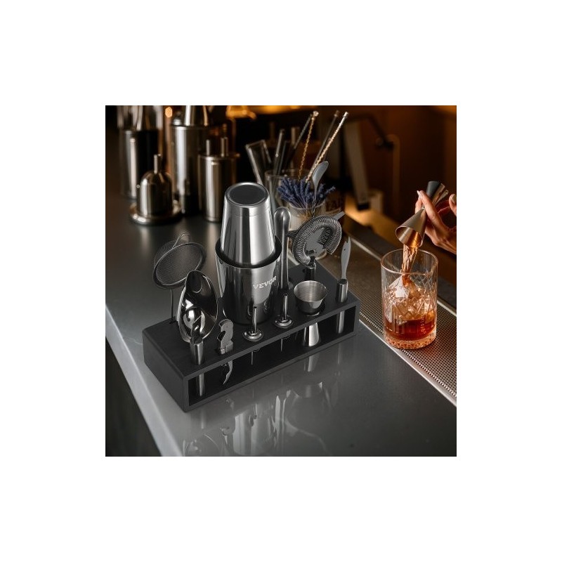 13-osainen cocktailsetti 304-ruostumattomasta teräksestä bambutelineellä kotibaarille