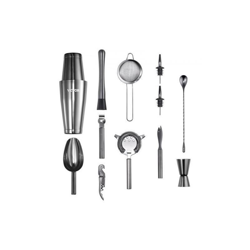 13-osainen cocktailsetti 304-ruostumattomasta teräksestä bambutelineellä kotibaarille