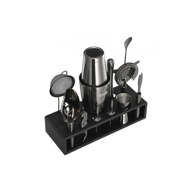 13-osainen cocktailsetti 304-ruostumattomasta teräksestä bambutelineellä kotibaarille